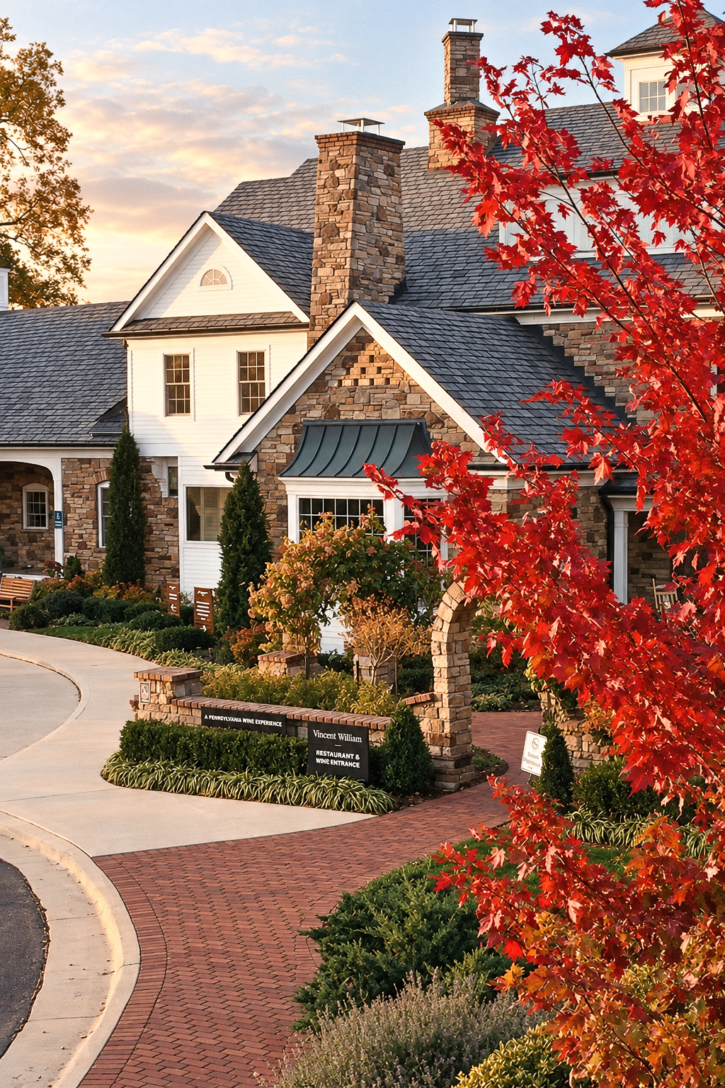 The stone mansion at Vincent William Wine behind a red maple in October