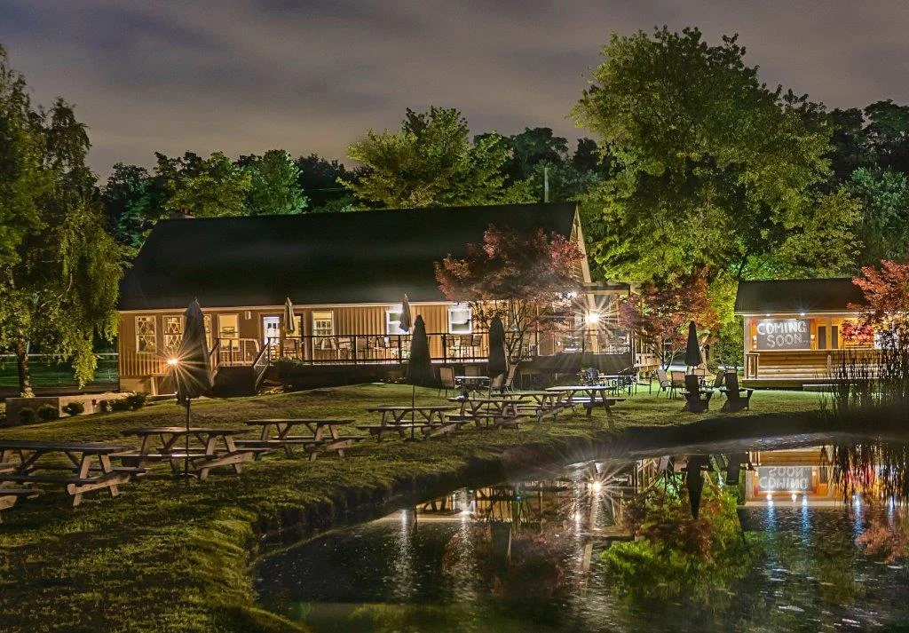 Hundley Cellars and its pond after dark