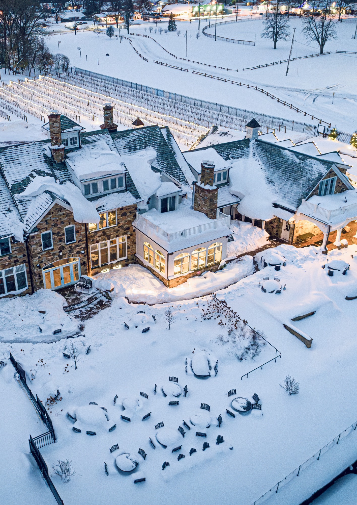 The estate under snow, seen from the air